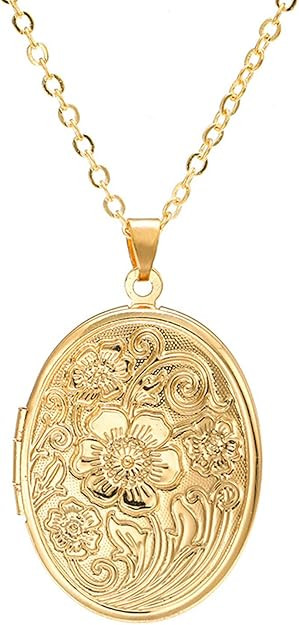 Vintage Engraved Flower Empaistic Photo Locket Hold Picture Oval Round Pendant Necklace Antique C... | Amazon (US)