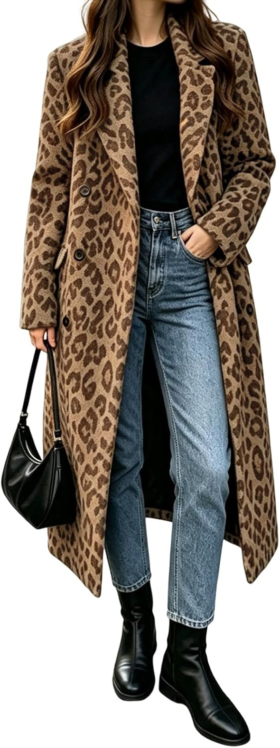 Womens Winter Warm Leopard Long Wool Coats Double Breasted Pea Coat | Amazon (US)
