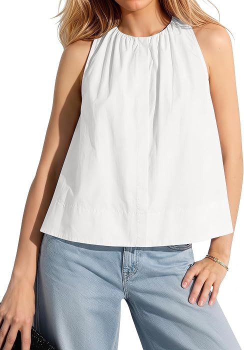 MISSACTIVER Women’s Pleated Round Neck Flowy Halter Top A-line Ruffle Hem Loose Halter Neck Top Summer Peplum Tank Top | Amazon (US)