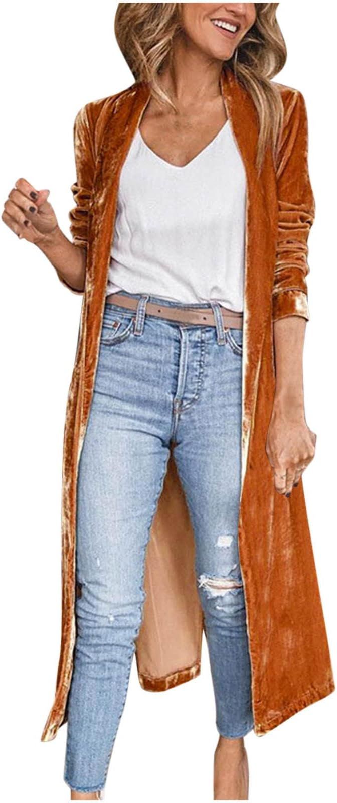 XUNRYAN Women's Long Velvet Jacket Fashion Cardigan Lapel Collar Open Front Cardigans Spring Fall... | Amazon (US)