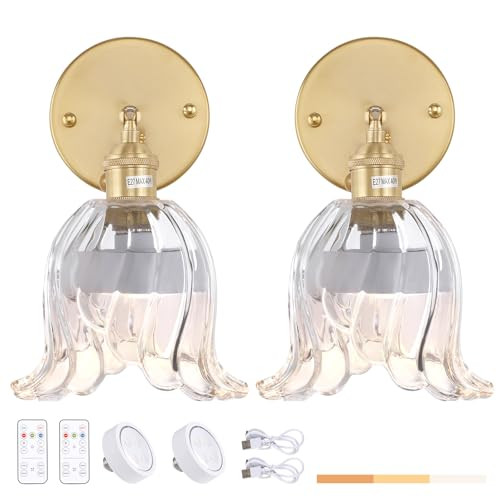 Shenmoyl Vintage Battery Operated Wall Sconces Set of Two, Rechargeable Battery Powered Wall Sconces with Remote Control, Wireless Dimmable LED Light for Bedside Bedroom Living Room (Transparent Lily) | Amazon (US)