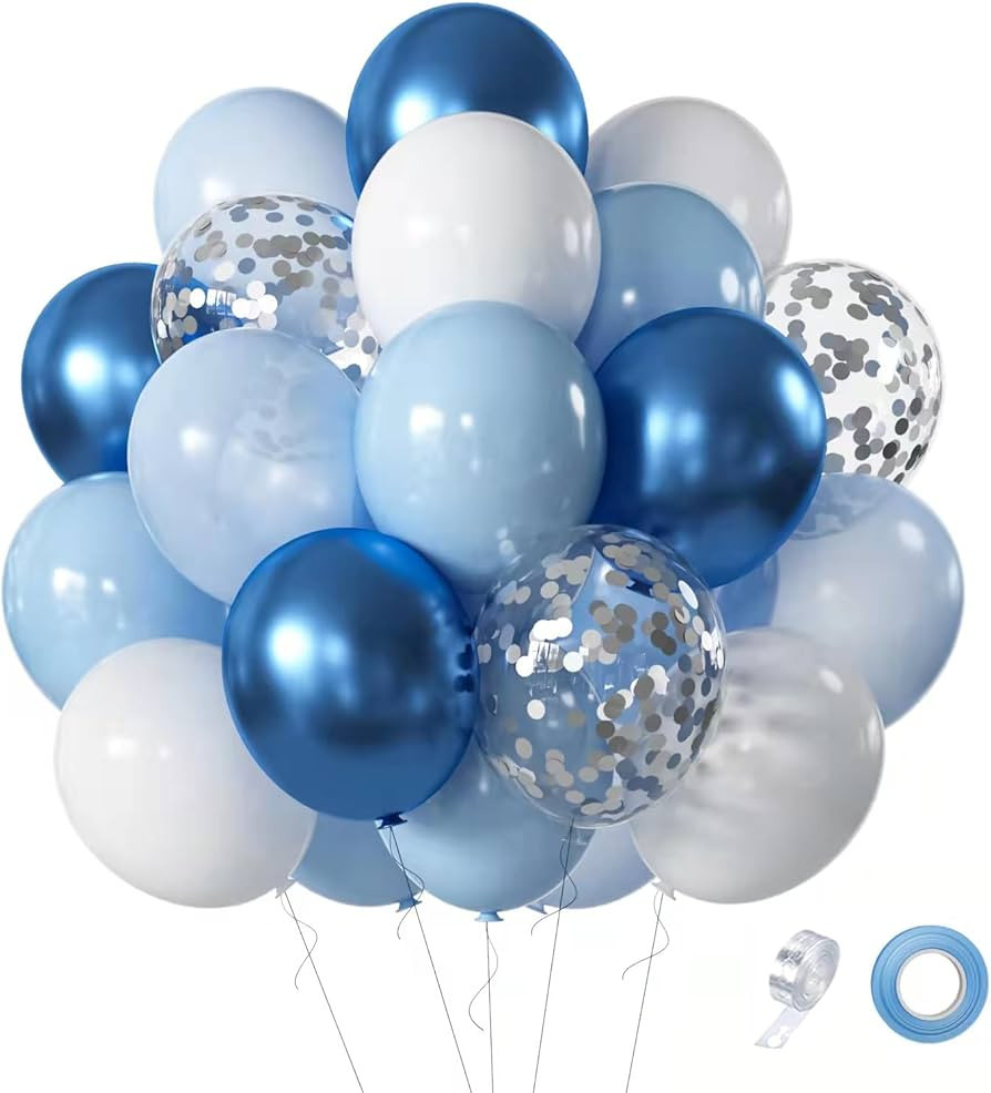 Blue White Balloons Set, 60 Pcs 12 Inch Metallic Chrome Blue Balloons Pearl Blue Balloons Light B... | Amazon (US)