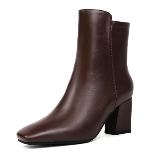 Caradise Womens Brown Booties High Chunky Heeled Boots Zip Up Square Toe Ankle Boots Brown Size 10.5 | Amazon (US)