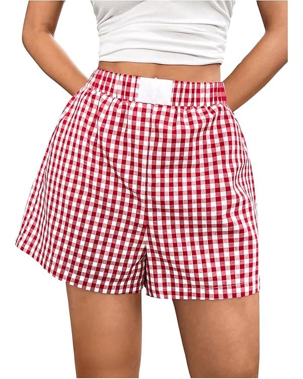 SOLY HUX Women's Y2k Cute Plaid Print Shorts Lounge Shorts Casual Summer Elastic Waist Bottoms Sh... | Amazon (US)