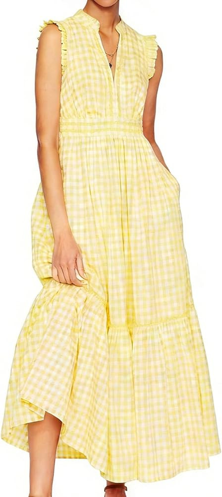HOULENGS Women's Summer Casual Sleeveless Gingham Maxi Dress 2026 V Neck Ruffle Flowy A Line Tier... | Amazon (US)