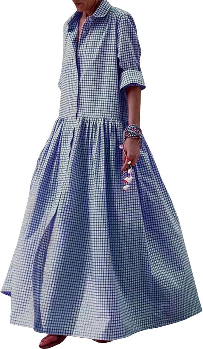 SOMTHRON Women's Retro Plaid Button Down Maxi Shirt Dress Roll Up Long Sleeve Gingham Pleated Swi... | Amazon (US)