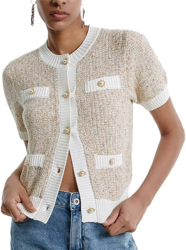 Women's Short Sleeve Button Down Cropped Cardigans Sweater Crew Neck Rib Elegant Knitted Tops | Amazon (US)