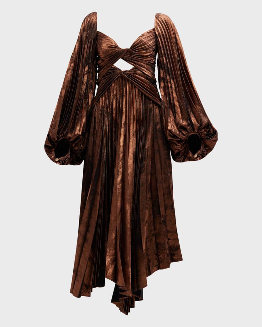 Auroa Metallic Twist-Front Pleated Midi Dress | Neiman Marcus
