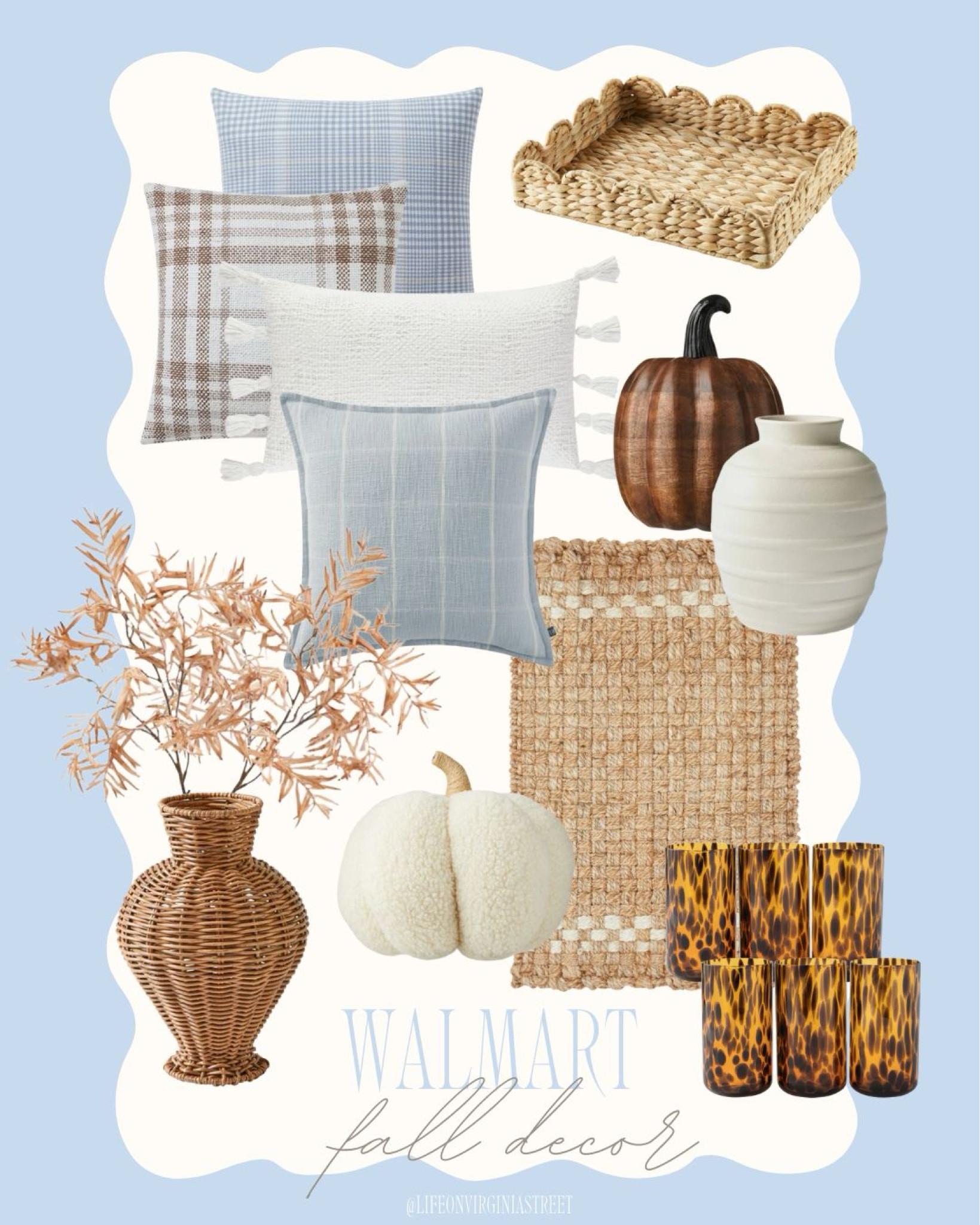 If you’re on the hunt for fall decor, I own all these items from Walmart and love them!  Includes these light blue plaid pillows (love that they reverse to a stripe), tassel pillows, wood pumpkin, plush pumpkin, tortoise drinking glasses, scalloped tray, rattan vase, jute doormat and more! And some are on sale today!
.
#walmarthome #walmart #ltkhome #ltkfindsunder50 #ltkseasonal #ltksalealert #ltkfindsunder100 

#LTKSeasonal #LTKHome #LTKFindsUnder50