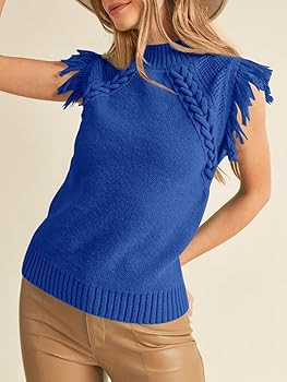 Saodimallsu Womens Sleeveless Sweater Vest Mock Neck Cable Knit Fringe Cap Sleeve Boho Trendy Pul... | Amazon (US)