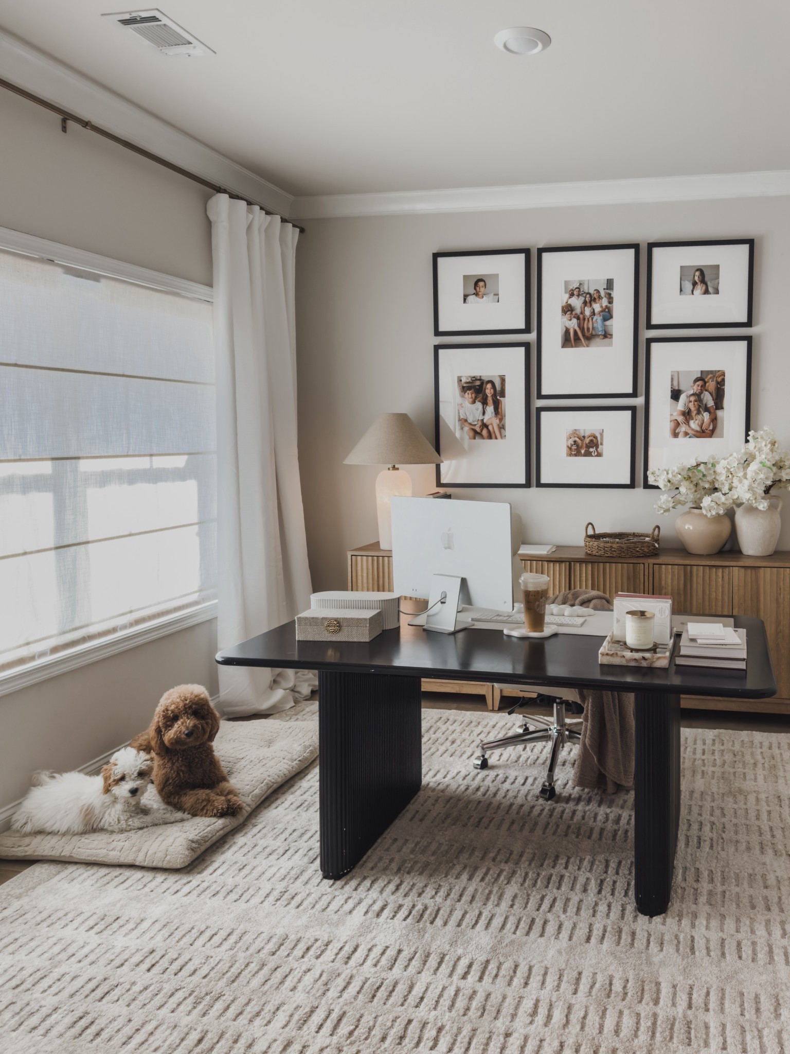 Sharing all of the home office inspo — all the light, airy vibes.

Using a dining room table as my desk has been the best decision. The extra surface space makes it so much easier to spread out, create, and actually enjoy being in here. The storage cabinets hide the mess but keep the essentials close, which I love. The alabaster lamp (the base lights up and it’s so pretty at night) adds the softest glow, and this textured beige rug from Wayfair keeps everything feeling neutral and grounded.

From the curtain details to the layered tones, it’s aesthetic and functional — exactly how I like it.

#LTKmorningroutine #LTKHome #LTKSaleAlert