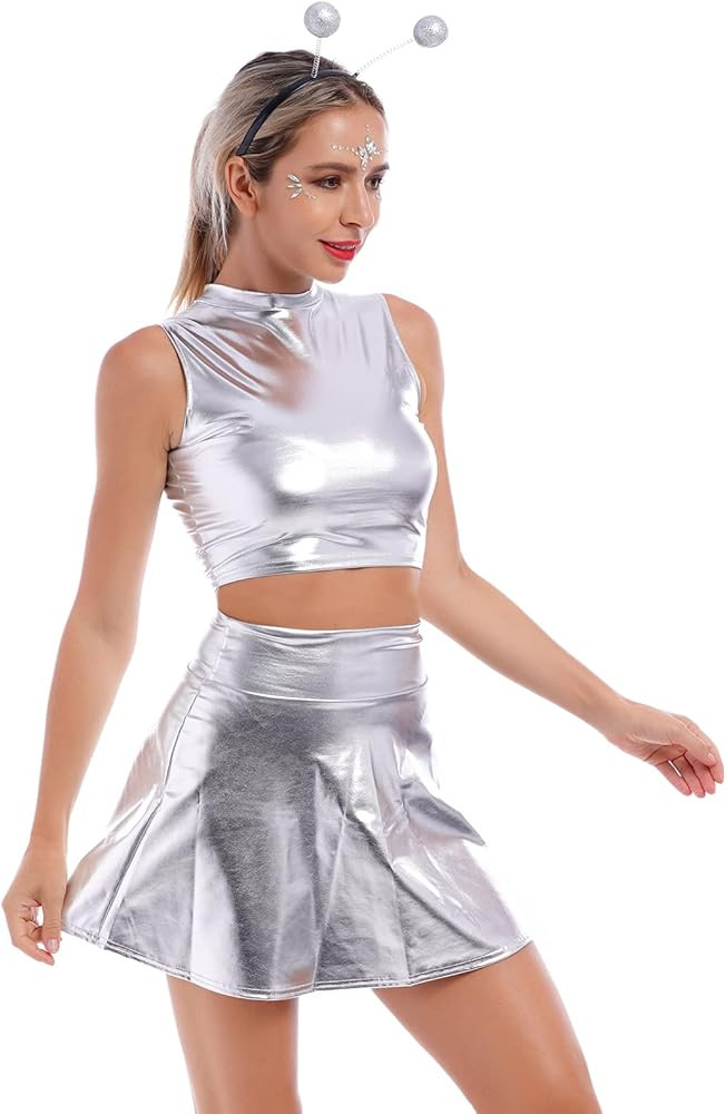 IMEKIS Women Alien Costume Metallic Shiny Crop Top + Holographic Mini Skirt + Martian Headband Ra... | Amazon (US)