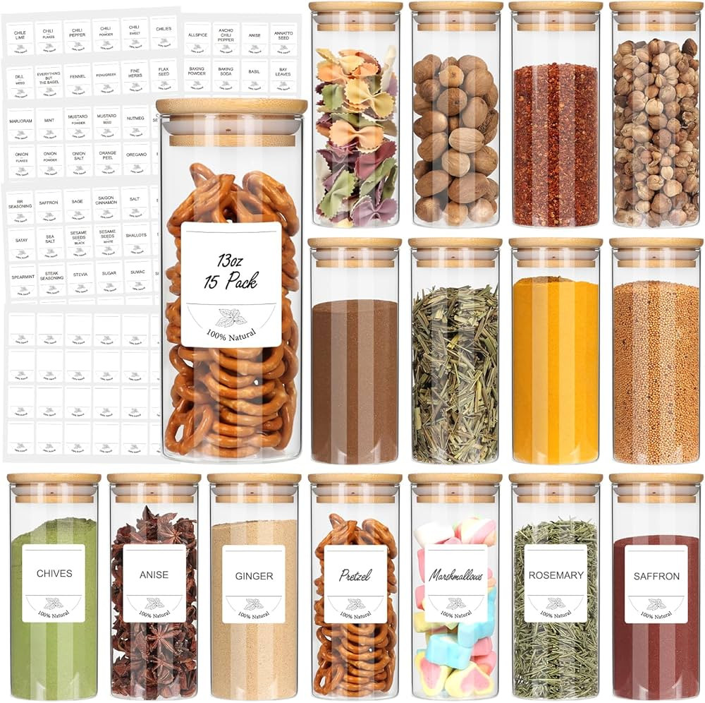 STARSIDE 13 oz Glass Jars with Bamboo Lids, Set of 15 Empty Spice Jars with Labels,Glass Seasoning Organizer,Spice Containers,Airtight Food Storage Container,Borosilicate Glass Canisters Sets | Amazon (US)