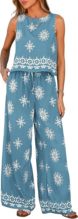 PRETTYGARDEN Women's 2026 Summer 2 Piece Lounge Sets Boho Floral Tank Tops Flowy Wide Peg Pants T... | Amazon (US)