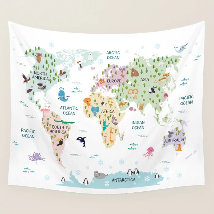 Nursery Animal World Map in Pastels Wall Tapestry | Society6