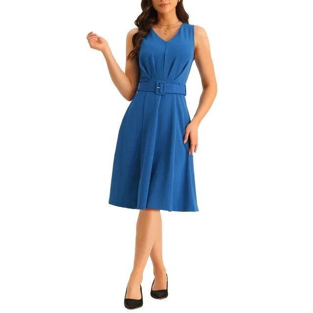 Allegra K Sleeveless Work Dresses for Women's V-Neck Below Knee Length Belted A-Line Dress | Walmart (US)