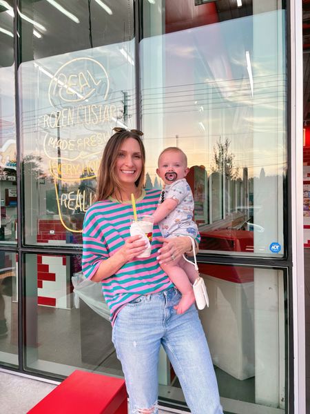 Ice cream date with friends!

**sizing:
Oversized striped tee: m, I sized up one
Baby romper: fits tts 