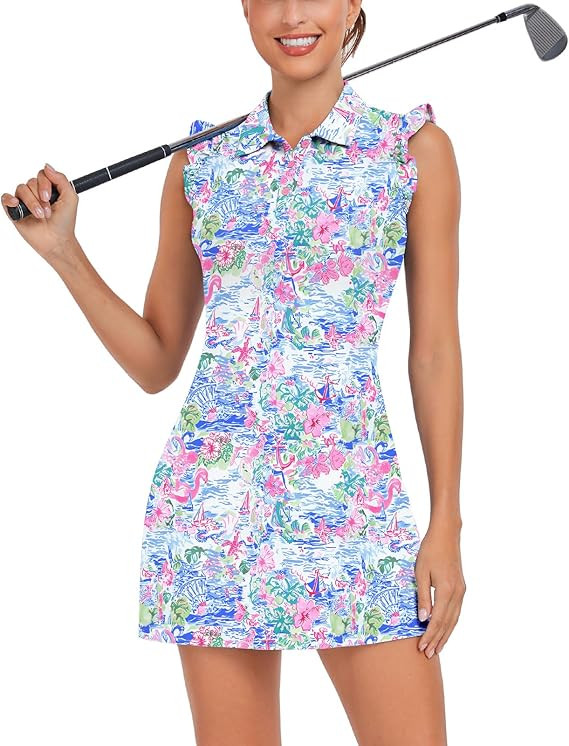 WOWENY Tennis Dress Polo Buttons Golf Dresses with Built in Shorts and Pockets Ruffle Sleeveless ... | Amazon (US)