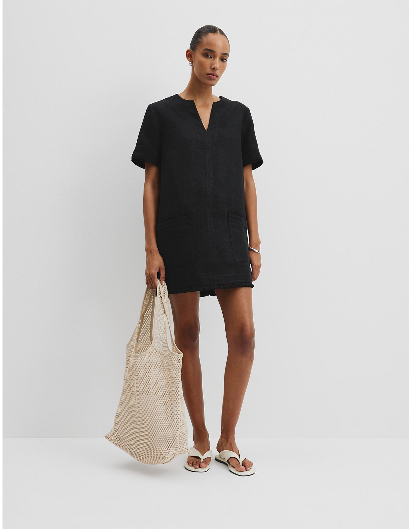 Organically Grown Linen Frayed Popover Dress | David Jones (Australia & New Zealand)