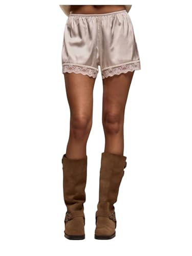 RoseSeek Women's Lace Trim Satin Shorts Shiny Elastic Waist Mini Shorts French Knickers White Medium | Amazon (US)
