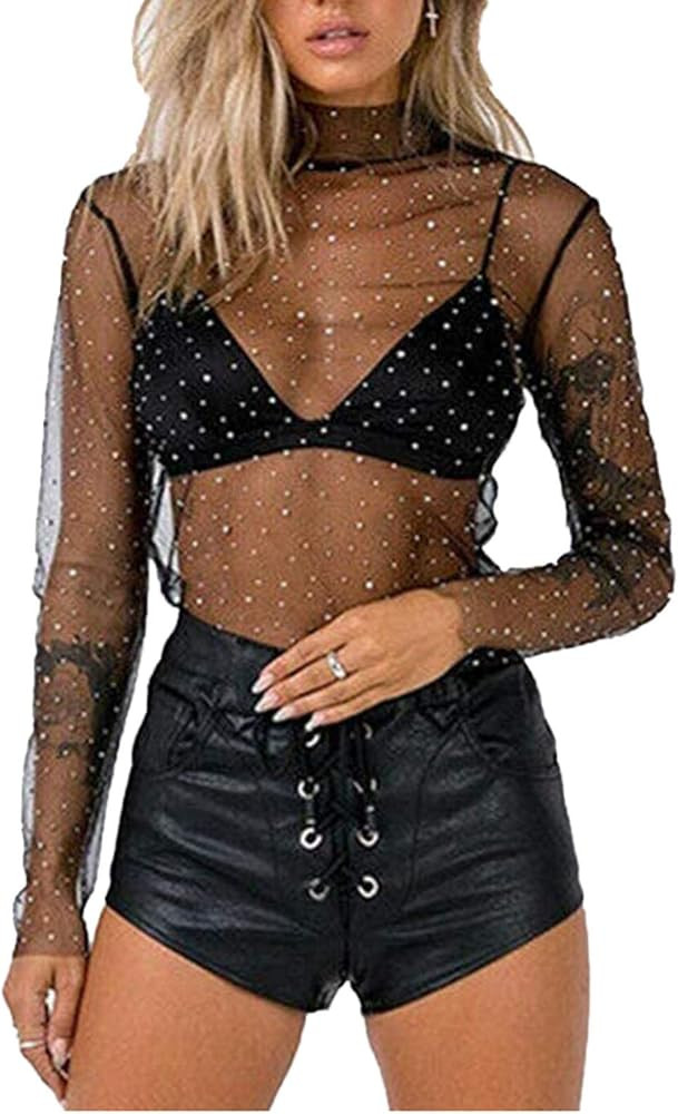 Women Sheer Mesh Glitter Sequin T Shirt/Bodysuit See Through Long Sleeve Turtleneck Sparkle Tee B... | Amazon (US)