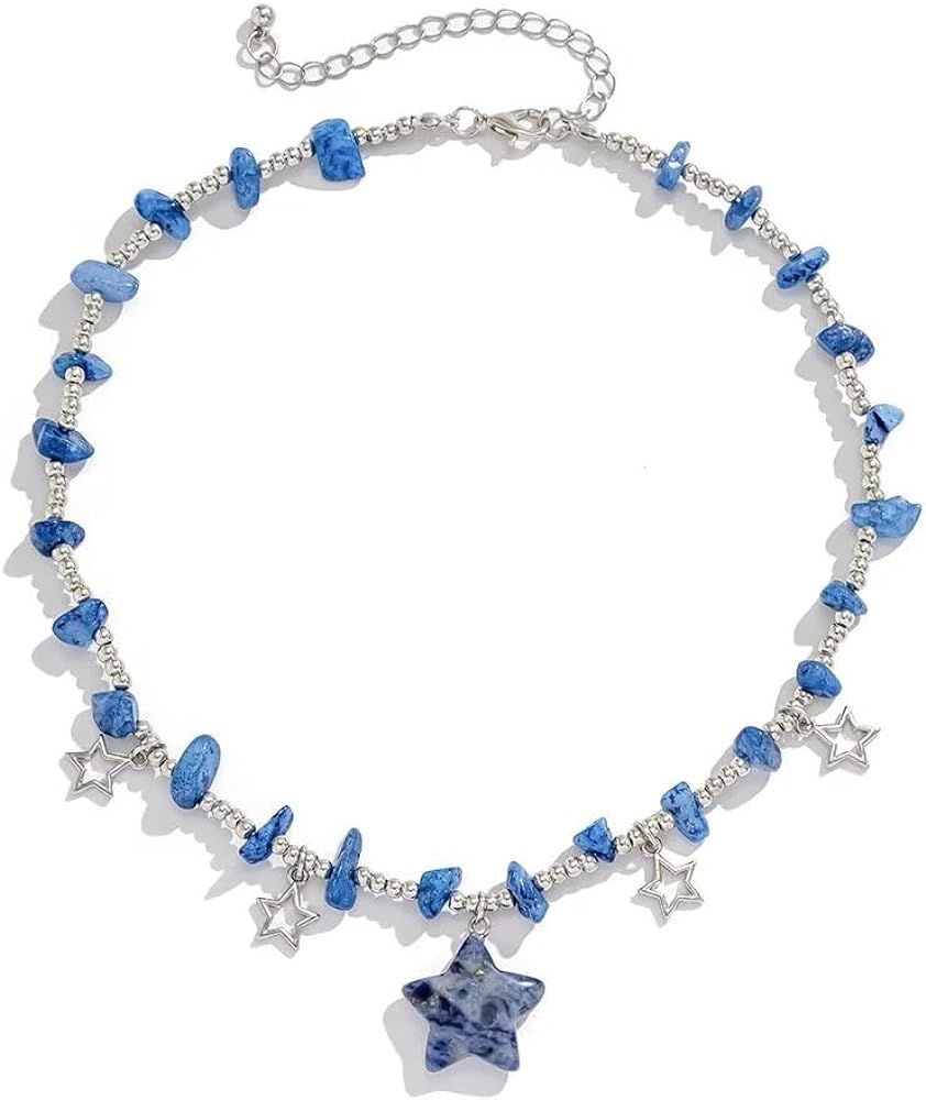 Blue Drop Star Charms Pendant Choker Y2K Healing Crystal Necklace Summer Jewelry with Silver Chai... | Amazon (US)