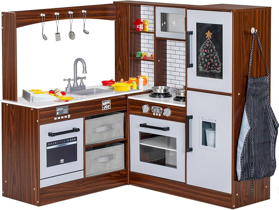 Corner Play Kitchen for Kids, Wooden Toddler Kitchen Playset w/Faucet, Sink, Microwave, Oven, Apr... | Amazon (US)