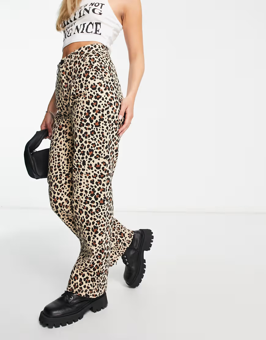 Monki twill straight leg trousers in leopard print-Brown | ASOS (Global)