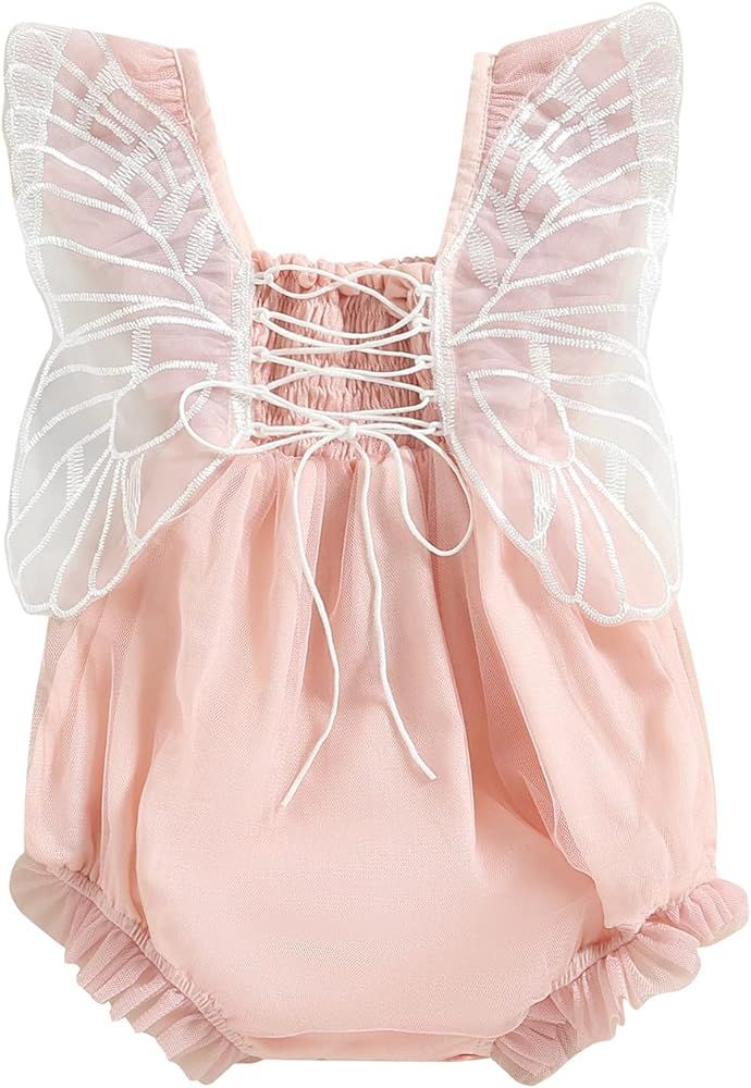 CREAIRY Baby Girl Butterfly Wings Short Sleeve Romper Dress Lace Tulle Tutu Dress Bodysuit Jumpsu... | Amazon (US)