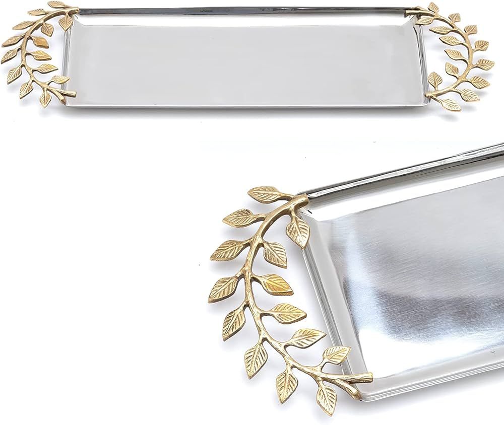 21" Long Decorative Golden Vine Oval Centerpiece Silver Serving Tray with Accents by Gute - Stain... | Amazon (US)