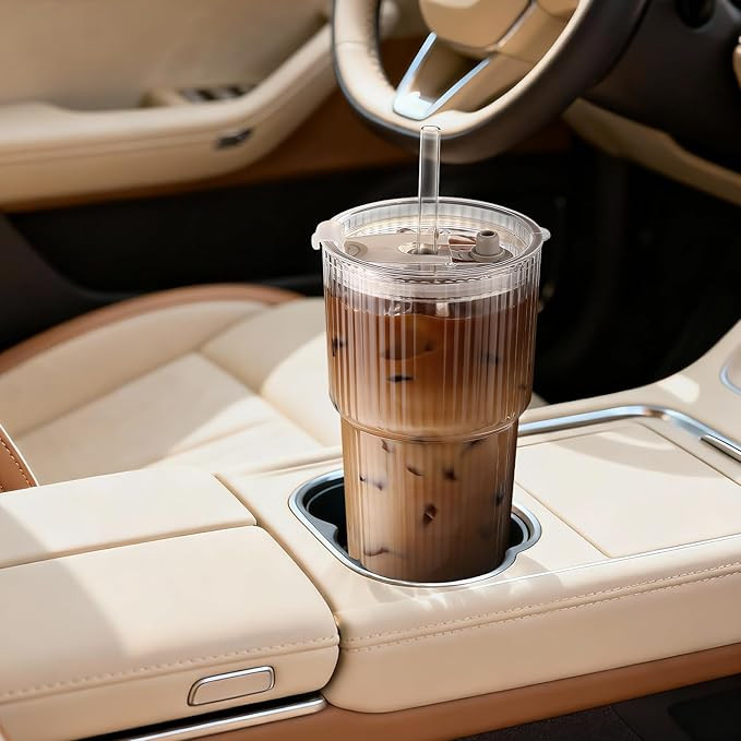Iced Coffee Cups with Lids: Coffee Bar Accessories - Ribbed Glass Tumbler with Straw and Lid 4Pcs... | Amazon (US)