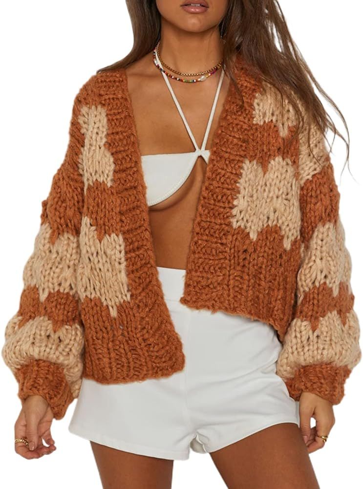 Women Girl Floral Long Sleeve V Neck Open Front Cardigan Button Down Knit Loose Sweater Vintage A... | Amazon (US)