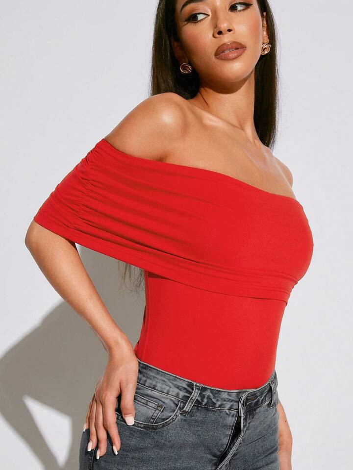 SHEIN SXY Autumn Women's Red Clothing Tight-Fitting Off Shoulder Top | SHEIN