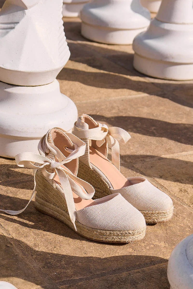 Beige Espadrille Wrap Wedges | Avara