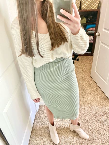 A classic and wearable outfit 😊🥂. Winters are a little warmer where I live, so I get a lot of use out of this #skirt 💕.

#winter #outfit #holiday #beige #green #weartowork #sweater #skirt #boots 

#LTKstyletip #LTKSeasonal #LTKunder50