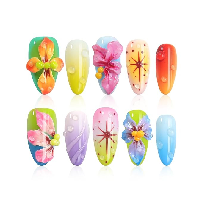 Colorful Press on Nails Medium Almond Handmade Press on Nails with 3D Flower Starfish Grapefruit ... | Amazon (US)