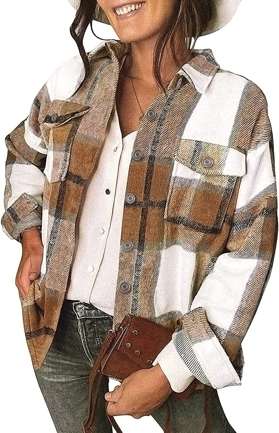 Womens Flannel Plaid Shackets Lapel Button Down Pocketed Long Sleeve Shirt Jackets | Amazon (US)