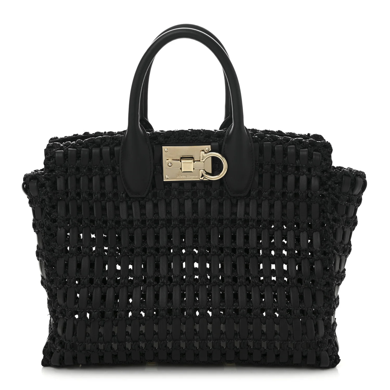 Salvatore Ferragamo Raffia Calfskin The Studio Box Tote Black 1764466 | FASHIONPHILE (US)
