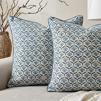 CPC Jeans Blue Block Print Throw Cushion Cover 18 x 18 Inch Set 2 - Decorative Boho Floral Pillow... | Amazon (US)