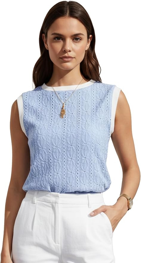 Women Eyelet Tank Tops Floral Casual Round Neck Sleeveless Summer Tops Trendy Basic Cute Plain Ta... | Amazon (US)