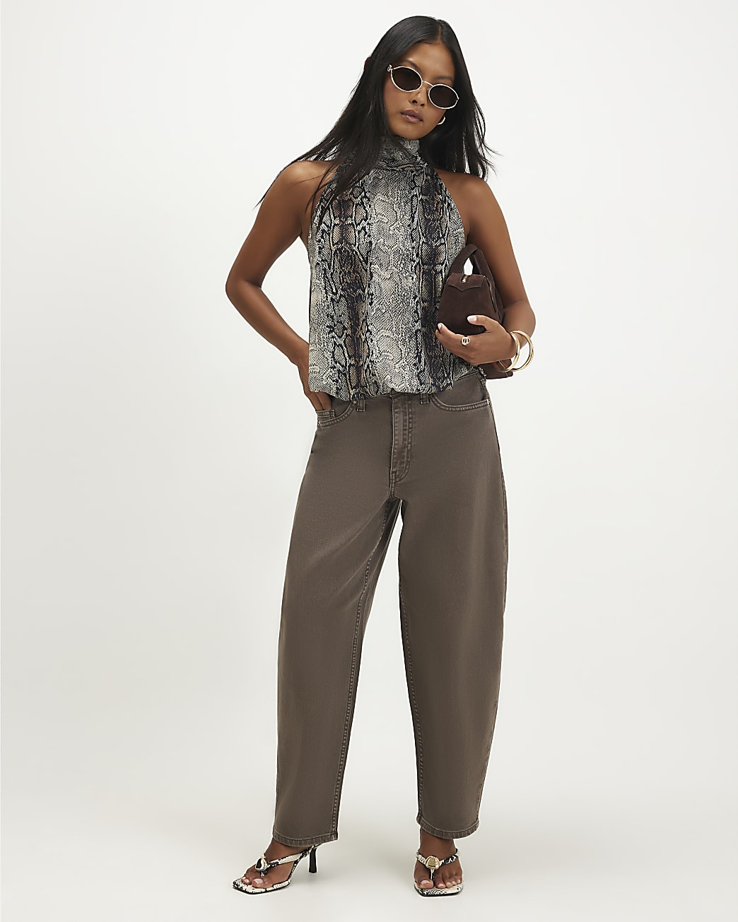 Petite Brown Mid Rise Barrel Leg Jeans | River Island UK & IE