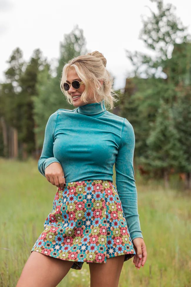 All Night Long Teal Acid Washed Turtleneck Ribbed Top | Pink Lily