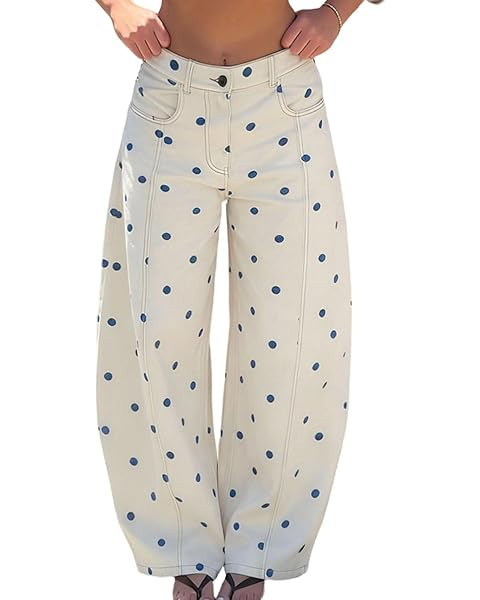 XBTCLXEBCO Polka Dot Jeans Women Y2K Print High Waisted Wide Leg Denim Pants Vintage Stretchy Boy... | Amazon (US)