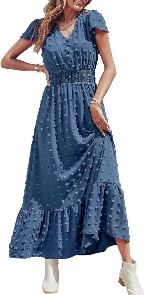 PRETTYGARDEN Women's Boho Dress Short Sleeve V Neck Swiss Dot Ruffle Tiered Maxi Dress Smocked Co... | Amazon (US)