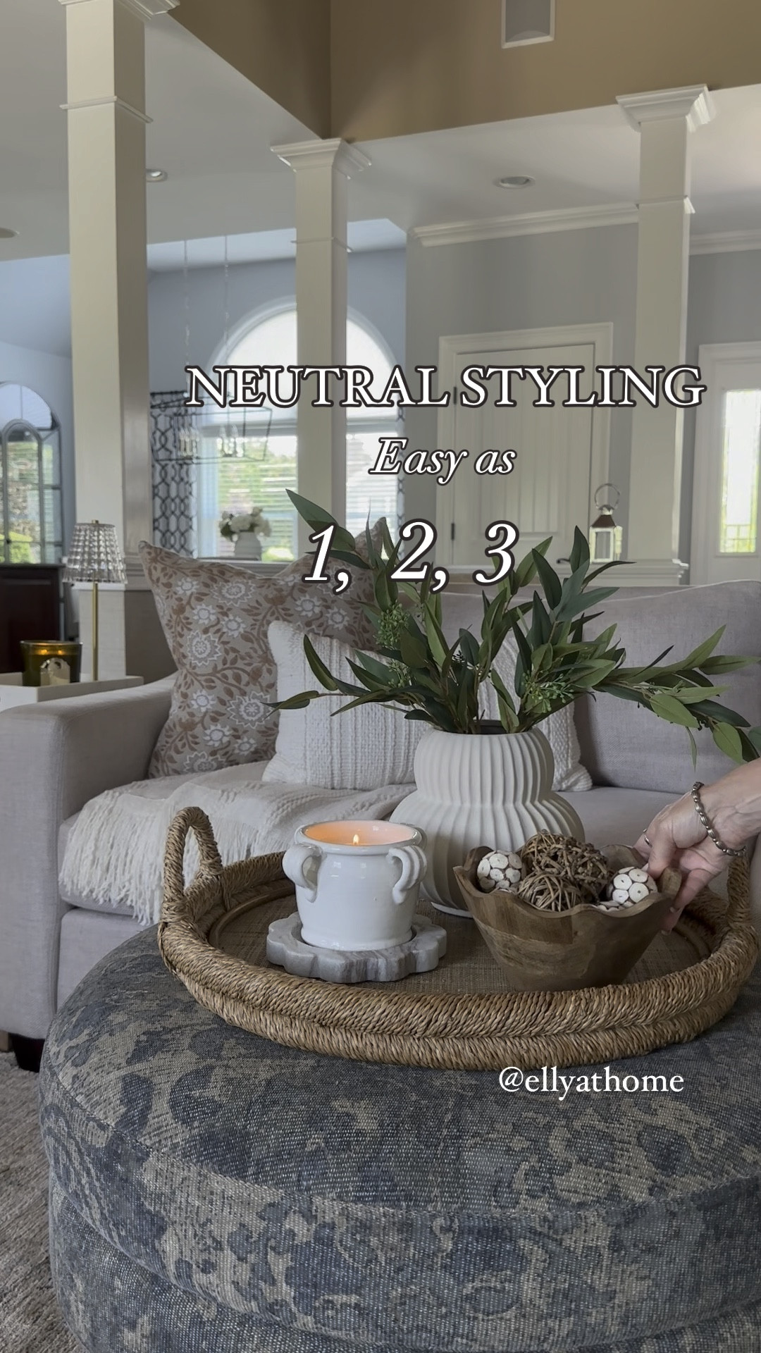 Easy neutral styling. Textured vase back in stock, Mediterranean candle, ships free, scalloped wood bowl, greenery on sale, neutral throw pillows, throw blanket, touch light, fall candle, tray, sofa. 

#LTKHome #LTKVideo #LTKSaleAlert