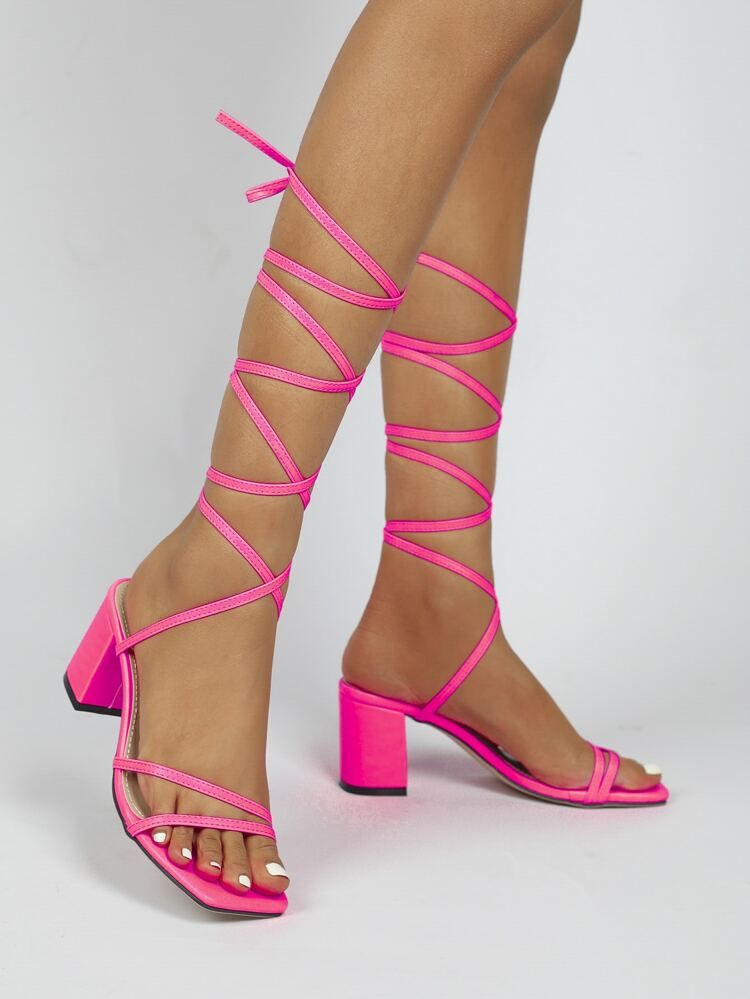 Neon Pink Tie Leg Design Strappy Sandals | SHEIN