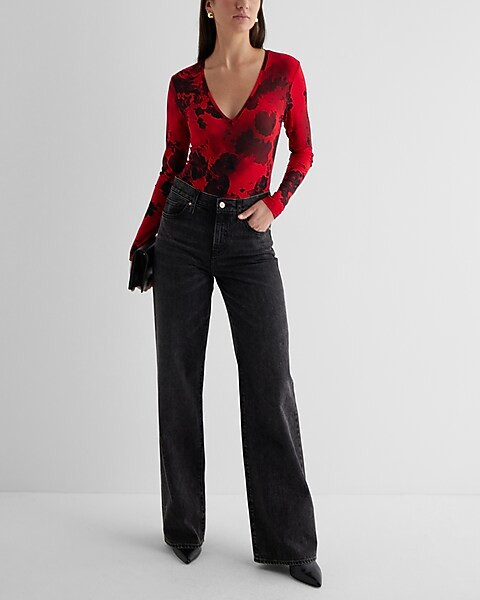 Fitted Mesh Floral Deep V-Neck Bodysuit | Express