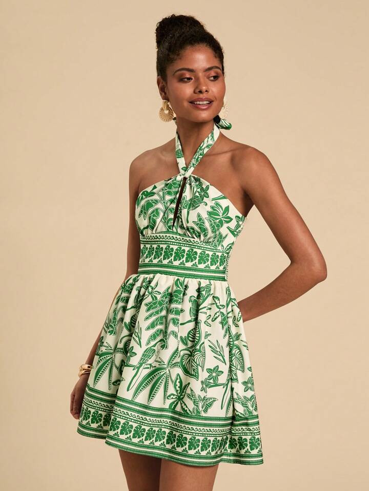 Travachic Women's Casual Vacation Summer Beach Boho Tropical Plant Print Dress, Casual Holiday Wear,Summer Outfits For Women,Tropical Vacation Woman Clothes,Summer,Summer Dresses For Women | SHEIN