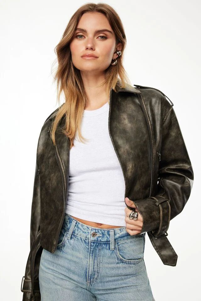 Belted Faded Faux Leather Biker Jacket | Dynamite Clothing