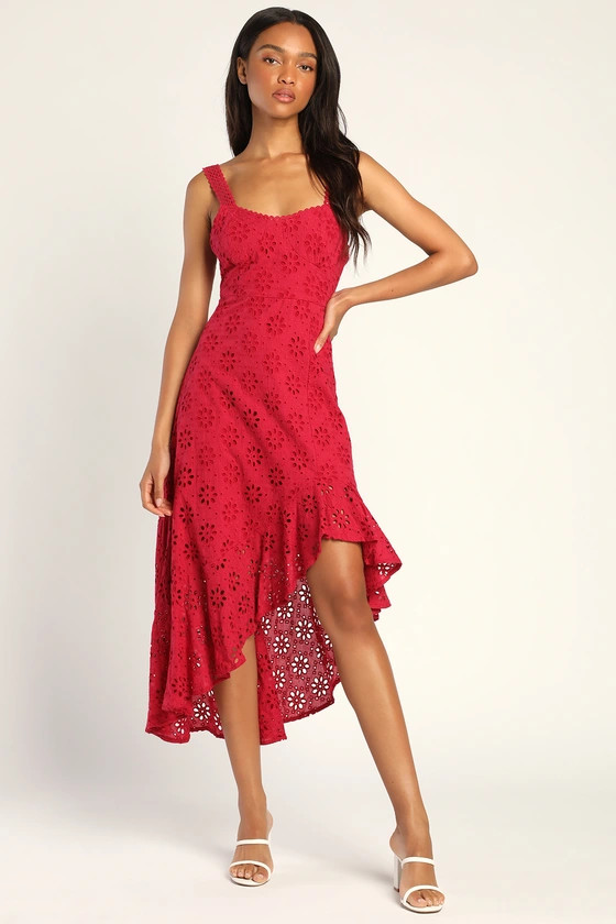 Adoring Days Berry Pink Eyelet Ruffled Asymmetrical Dress | Lulus (US)